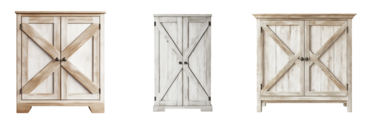 A farmhouse-style cupboard with a whitewashed wood finish and X-pattern doors, isolated on a transparent background