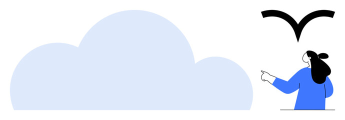 Person in blue pointing at a bird flying above a large blue cloud. Ideal for nature, weather, cloud computing, outdoor activities, and environmental awareness. Minimalist, modern, flat