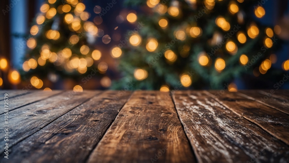 Poster rustic wood board surface with christmas tree and bokeh lights mockup background