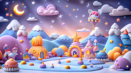 Obraz premium whimsical landscape featuring colorful mountains, dreamy clouds, and playful structures. scene is illuminated by soft glow, creating magical atmosphere filled with stars and charming character