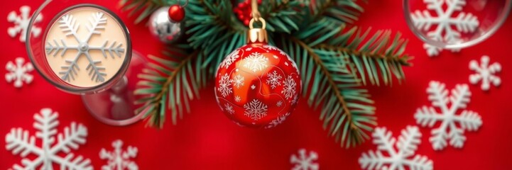 Christmas holiday composition with wineglass, toy ball decoration on red background, winter design concept, copy space, top view, flat lay, top view, toy ball, copy space
