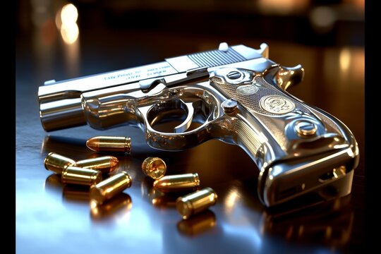 3D digital scene of a handgun on a table with scattered bullet casings, capturing the organized and methodical nature of firearm handling in illustration form, symbolizing focus and responsibility