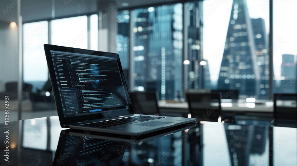 Poster software codes display on screen of a laptop on the table in modern office, web development software