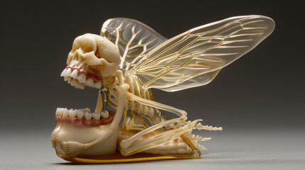 unique sculpture featuring skeletal figure with insect wings and open mouth, showcasing intricate details and blend of human and insect anatomy. This artistic piece evokes curiosity and wonder