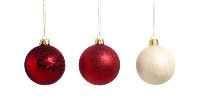 Three hanging Christmas balls isolated on white background
