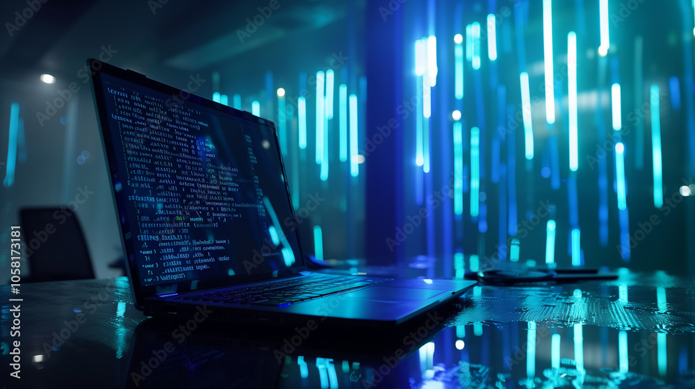 Poster software codes display on screen of a laptop on the table in modern office, web development software