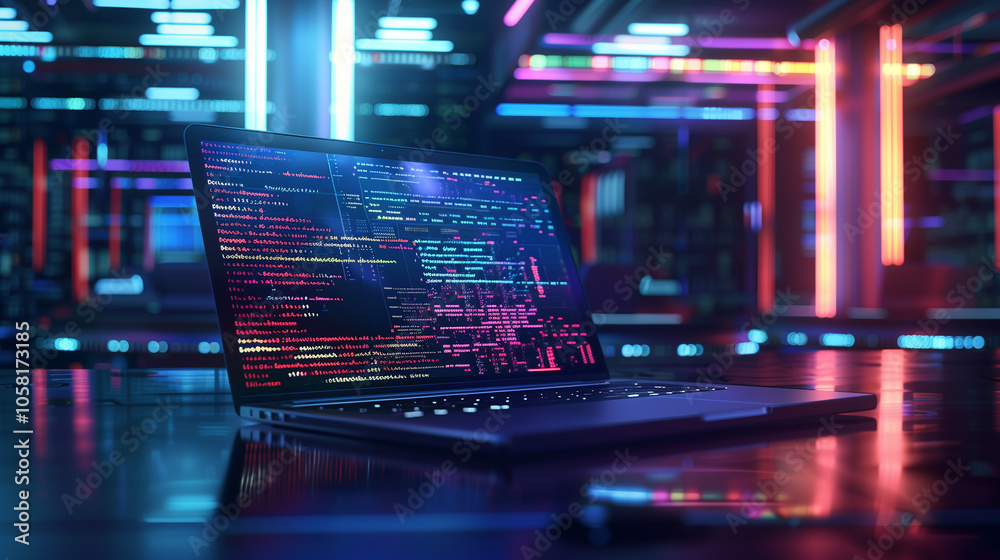 Poster software codes display on screen of a laptop on the table in modern office, web development software