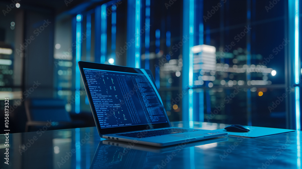 Poster software codes display on screen of a laptop on the table in modern office, web development software