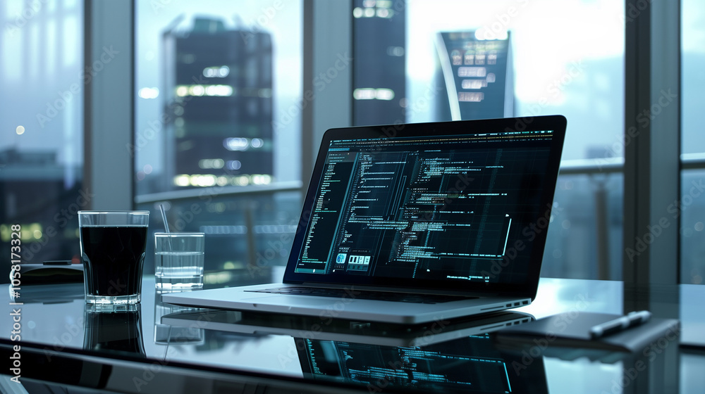 Poster software codes display on screen of a laptop on the table in modern office, web development software