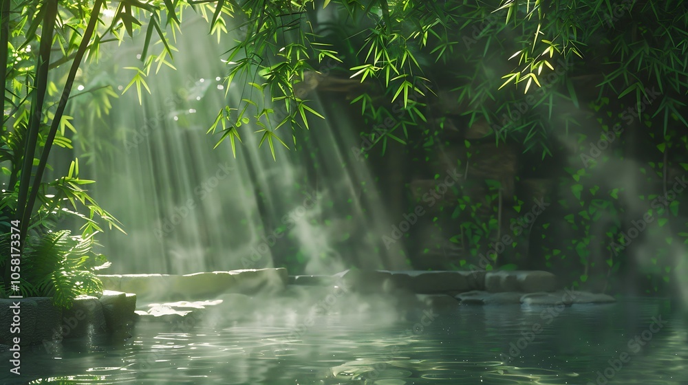 Aufkleber a serene scene featuring sun rays streaming through lush greenery over a tranquil water surface, cre