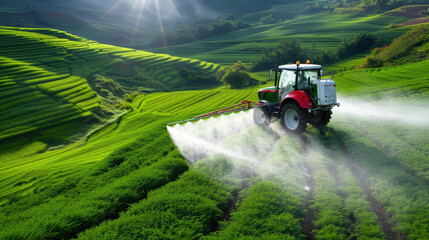 Fototapeta premium tractor spraying fertilizer in lush green field showcases beauty of agriculture and importance of crop care. vibrant landscape highlights harmony between technology and nature