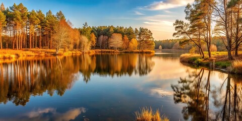 Obraz premium Earthy brown landscape with a serene lake and surrounding trees, brown landscape, lake