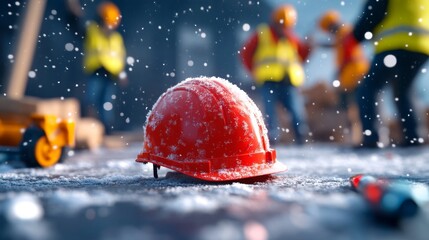 Construction workers celebrating Christmas with hard hats, snowy setting, 3D illustration
