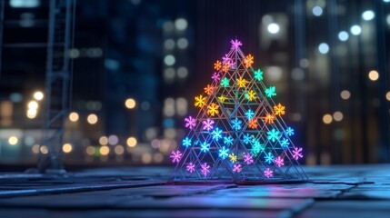 Urban Christmas scene with scaffold tree, colorful lights, snowflakes, 3D illustration