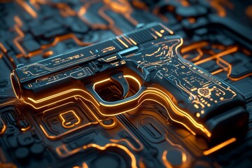 Cyber-inspired handgun with neon accents and digital readouts, capturing the intense and futuristic feel of firearms in a high-tech world, symbolizing modernity and power