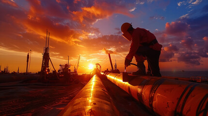 Fototapeta premium welder working on pipeline during stunning sunset, showcasing vibrant colors and dramatic clouds. scene captures essence of hard work and dedication in industrial setting