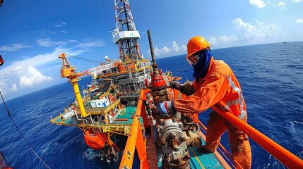 Worker in protective gear adjusting drilling equipment on offshore oil rig under bright blue sky. scene captures dedication and safety measures in oil and gas industry