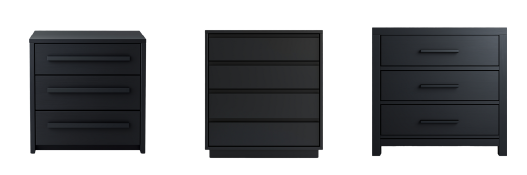 A contemporary black chest of drawers with a sleek, matte finish, isolated on a transparent background