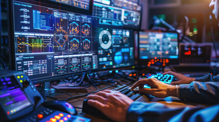 Naklejka premium Worker operating control panel in high tech control room, managing various data displays and systems. environment is filled with screens showing graphs and metrics, creating focused atmosphere