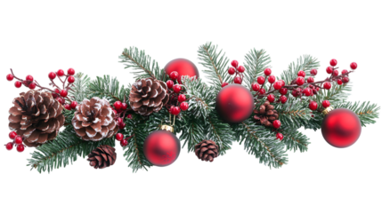 Snowberries with green twigs of Christmas tree, red decorations isolated on white background 