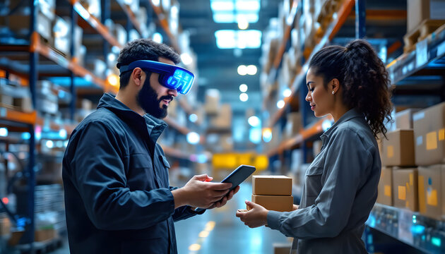 Warehouse Workers Utilizing AR Glasses and Robotic Automation in a High-Tech Logistics Environment