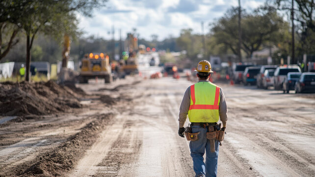 Construction worker guiding traffic on busy road, wearing safety vest and helmet, surrounded by construction vehicles and equipment, showcasing bustling work environment