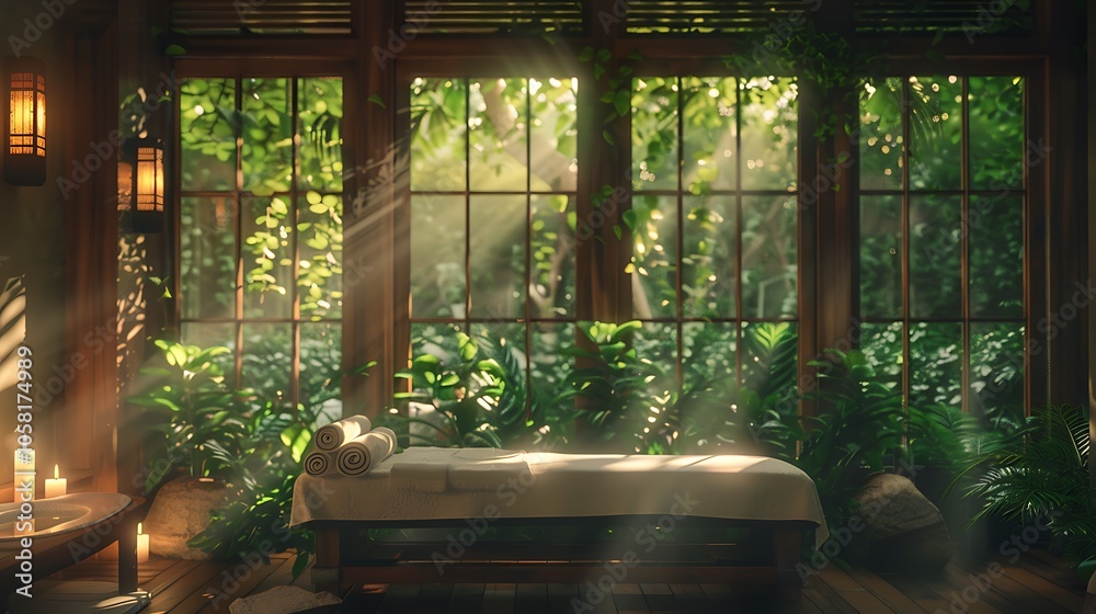 Aufkleber A serene spa room with natural light streaming through large windows, surrounded by lush greenery and soft candlelight, creating a calming atmosphere.