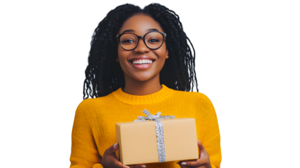 Smile, gift and excited black woman with box in studio isolated on white background