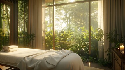 A serene spa room bathed in natural light, surrounded by lush greenery, creating a tranquil atmosphere ideal for relaxation and rejuvenation.