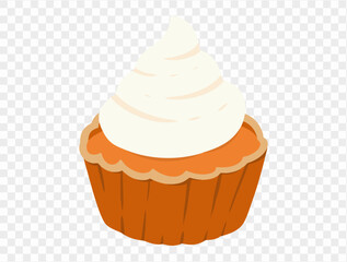 Pumpkin pie in cupcake shape with whipped cream on top,flat minimalist style. Ideal for Thanksgiving themed designs with transparent background for easy use.vector