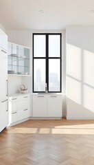 Fototapeta premium White home kitchen interior with cooking cabinet, window. Mockup wall, wallpaper 