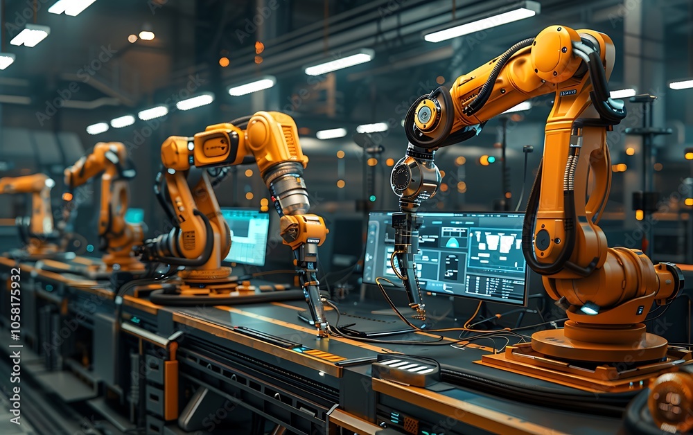 Poster a high-tech industrial scene featuring robotic arms in a modern manufacturing facility, displaying a