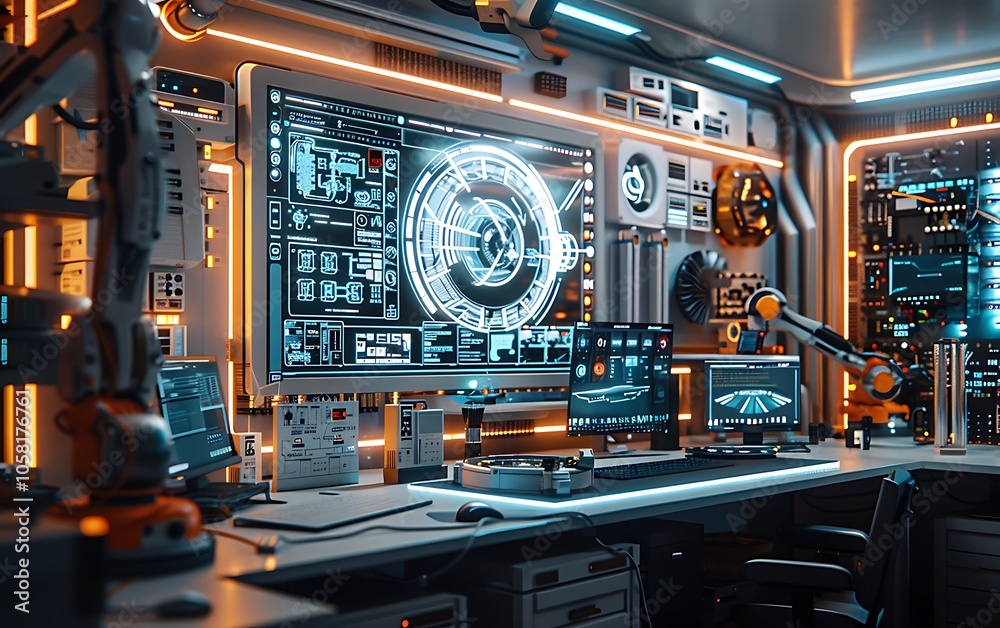 Leinwandbilder a futuristic control room with advanced technology, glowing screens, and an organized workspace, sho