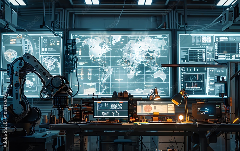 Leinwandbilder a futuristic workspace featuring advanced technology, large screens displaying data and maps, and ro