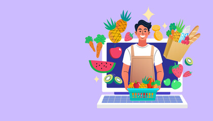A friendly grocer in an apron emerges from a laptop, offering a basket of fresh fruit. This e-commerce concept shows an online supermarket delivery service with fresh vegetables and a grocery bag.
