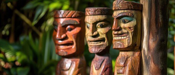Tribal wooden carvings displayed in a lush garden