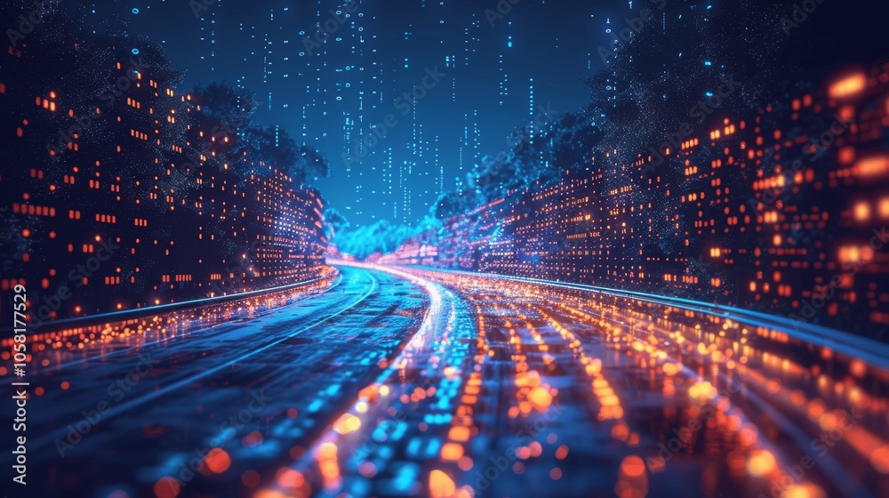 Poster Futuristic Digital Highway with Binary Code and Light Trails in Night Sky - Abstract Technology Concept 3D Illustration