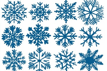 Set of blue snowflake icons on a blue background in various designs showcasing the beauty of frosty winter details with a cool serene seasonal vibe
