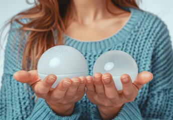 Woman holding white oval implants in blue sweater for mammoplasty and plastic surgery isolated on white background