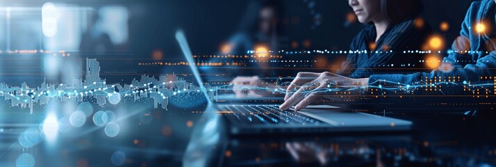 Business Team Analyzing Financial Data with Virtual Hologram Displays for Market Growth and Sales Strategy