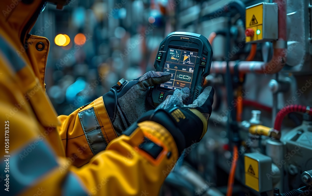 Leinwandbilder a person in a yellow jacket operates a handheld device in a technical environment filled with machin