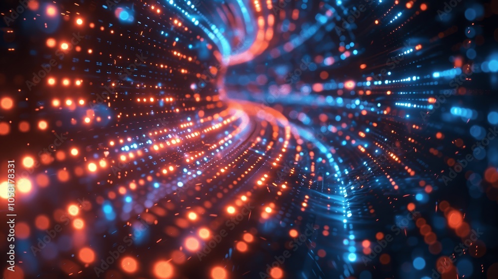 Aufkleber Abstract Digital Background with Binary Code and Glowing Lines on Dark Blue City Lights