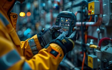 A person in a yellow jacket operates a handheld device in a technical environment filled with machinery and pipes, indicating a focus on monitoring systems.
