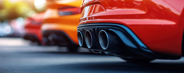 A red car with black exhaust pipes is parked next to a yellow car. The red car is the center of...