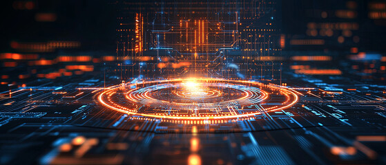 Abstract futuristic digital background with glowing circular patterns and circuit board elements, generative AI