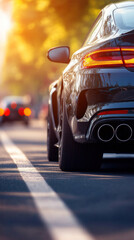A black car is parked on the side of a road. The car is in the foreground and the background shows a street with other cars and a motorcycle. The car is shiny and has a sleek design
