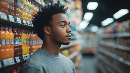 Fototapeta premium Young Black man in a grocery aisle, contemplating drink choices with a thoughtful expression.