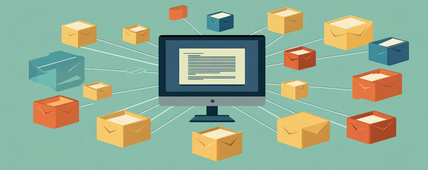 A computer monitor shows a large number of boxes, each with a letter on it. The boxes are connected to each other, forming a network. Concept of communication and organization