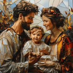 Hyper Realistic Oil Painting of the Holy Family Stained Glass Nativity Scene with Baby Jesus Mary and Joseph © zhuan