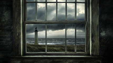 窓から見える荒れた海